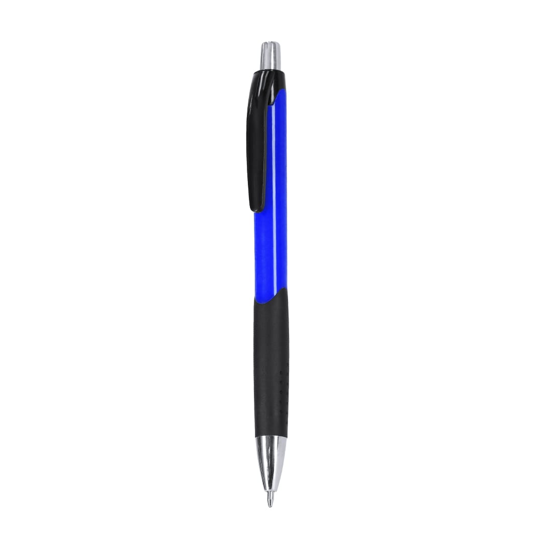 A blue and black plastic pen with a shiny metal tip and a clip. It features a branding logo. Kalfit Pen - Image 1