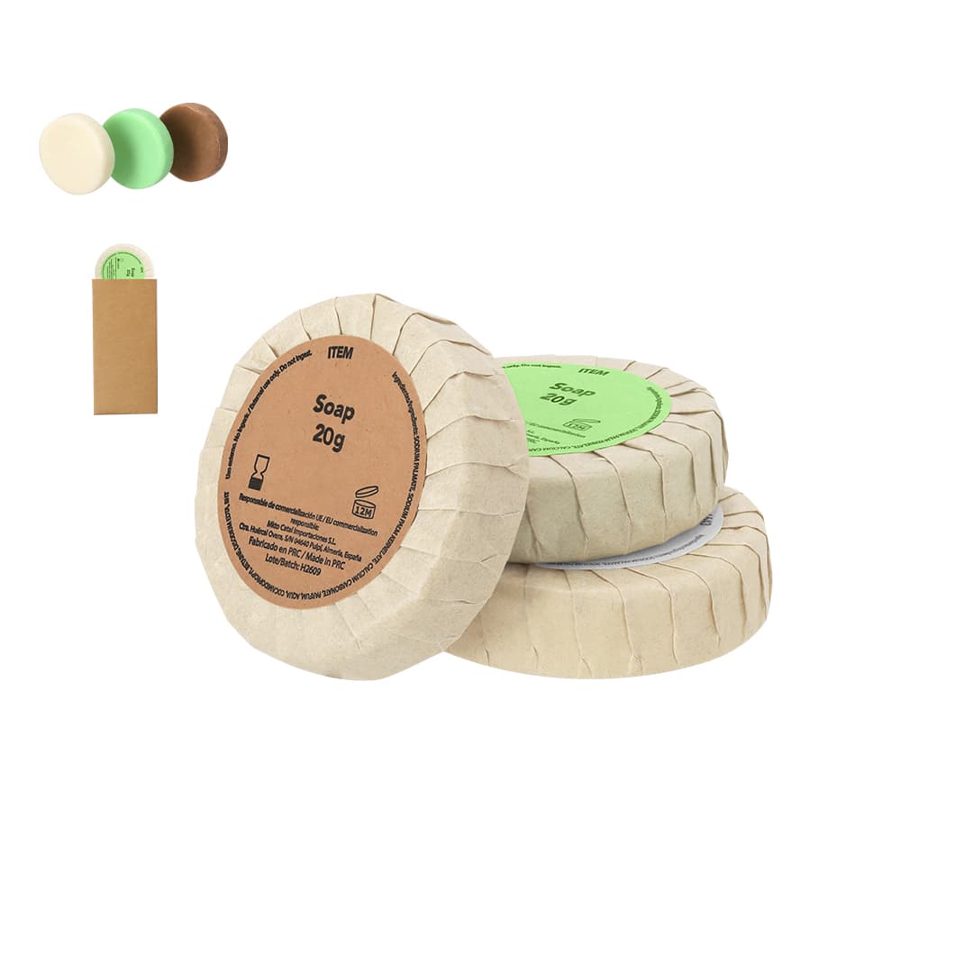 A set of three circular soaps in green, beige, and white, packaged with a simple cardboard box and a logo. Gorar Soap Set - Image 1
