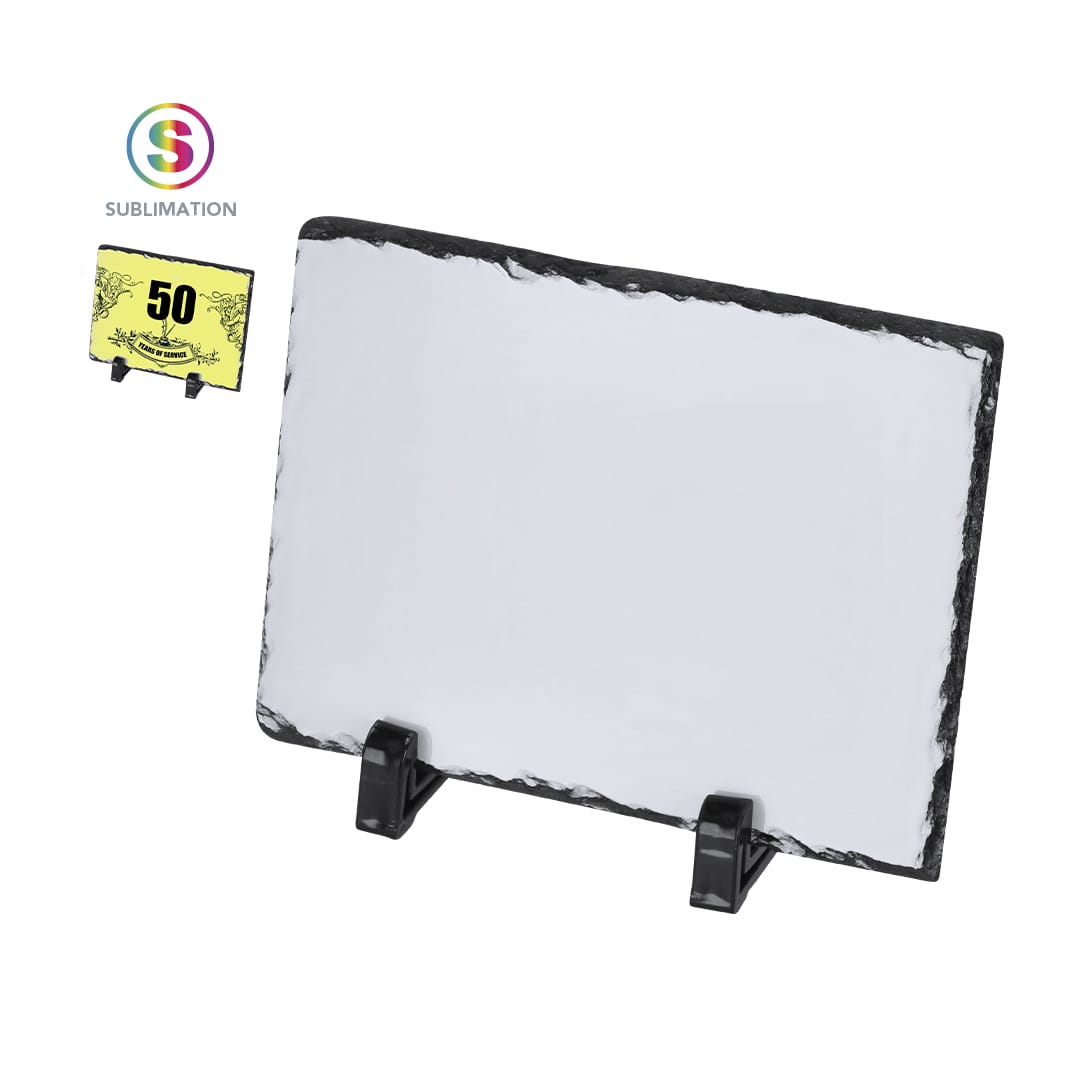 A rectangular sublimation plaque with a black edge, displayed on two black stands. Includes a logo. Dirkal Sublimation Plaque - Image 1