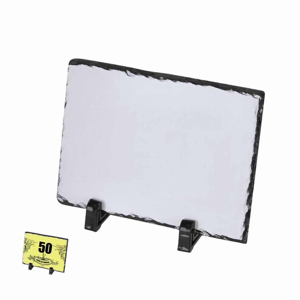 A rectangular slate sign with a rough black border, standing on black easel-style supports. Dirkal - Image 1