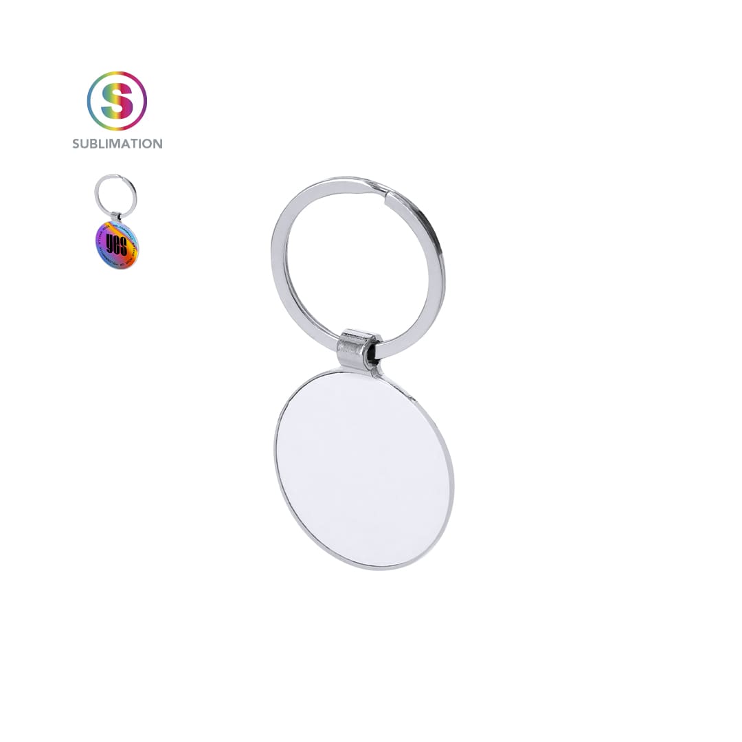 A silver keyring with a circular, clear attachment. It features a branding logo. Suitable for sublimation printing. Fimux Sublimation Keyring - Image 1