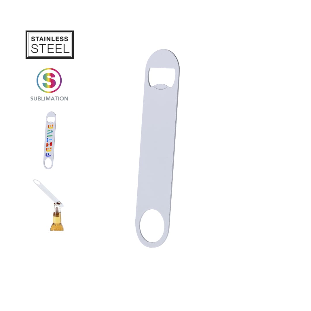 A stainless steel bottle opener featuring a sleek design and a smooth surface for sublimation. It includes a logo. Tremix Sublimation Opener - Image 1