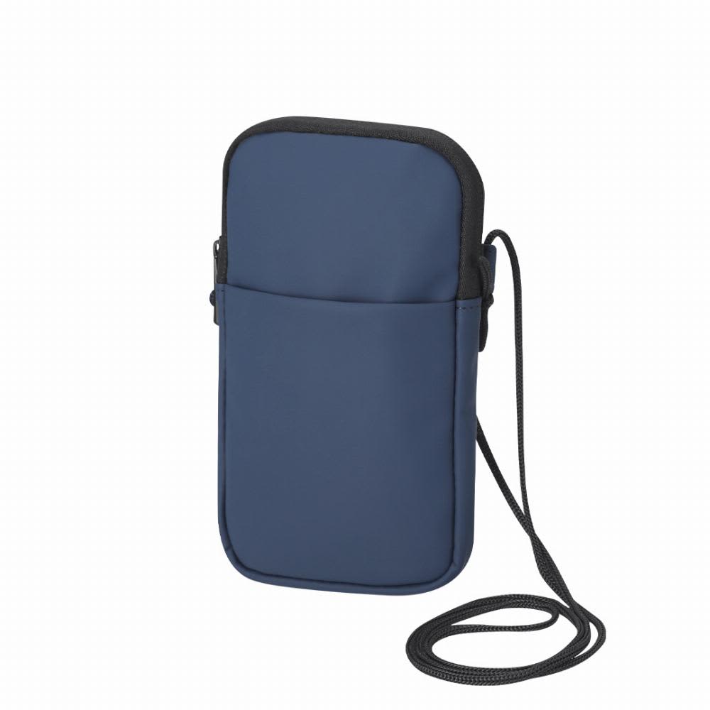 A phone pouch in navy blue with a zip closure and a black adjustable strap for carrying. Dumarex - Image 1