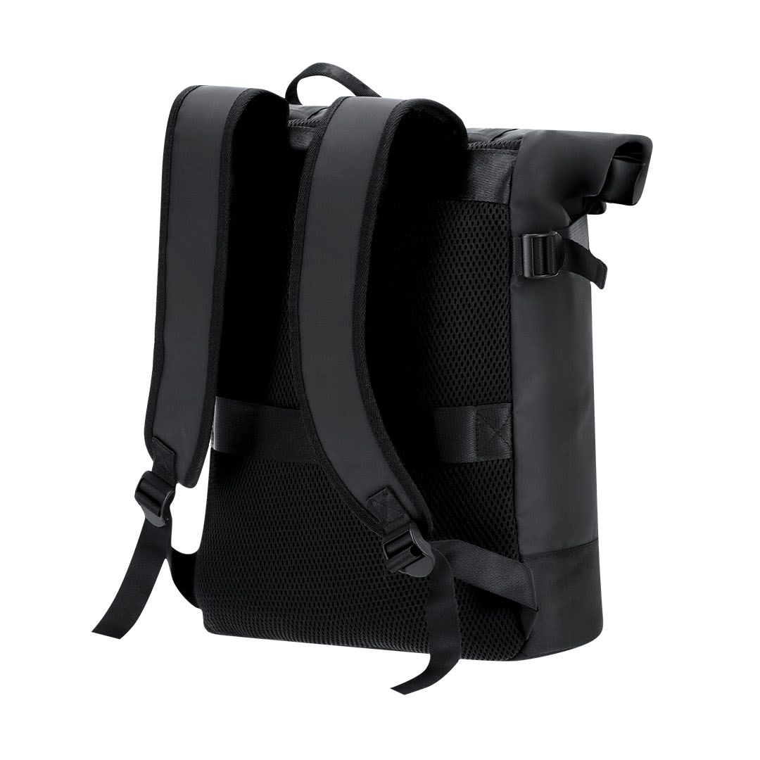 A black backpack featuring padded straps and a mesh back panel, with a simple design and a branding logo. Farinor Backpack - Image 1