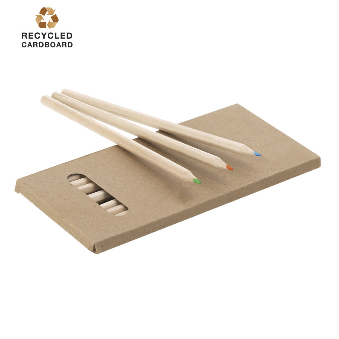 A set of three coloured pencils in a recycled cardboard case, featuring green, orange, and blue hues. Wibar Pencil Set - Image 1