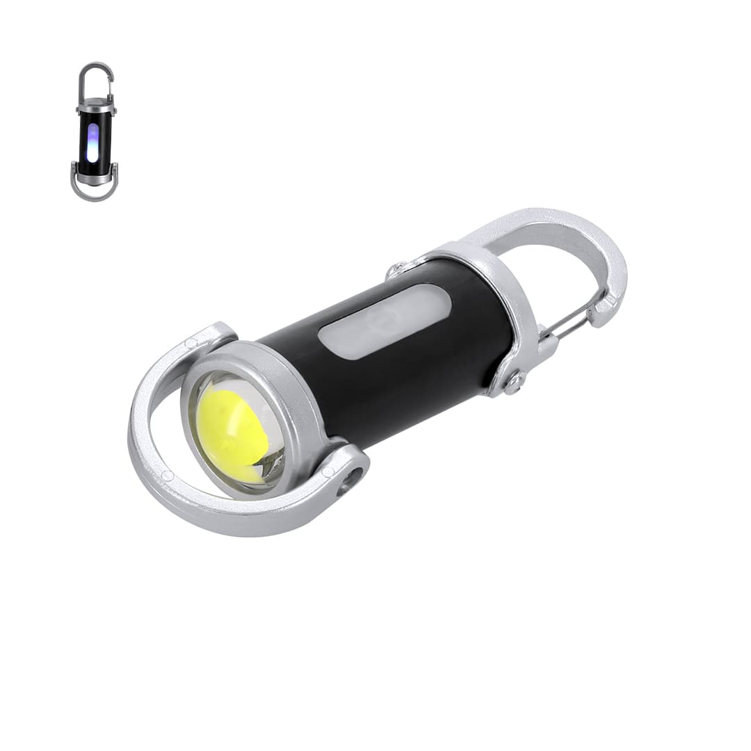 A black and silver Luvaron Torch with a yellow LED light and a carabiner clip attached. Luvaron Torch - Image 1
