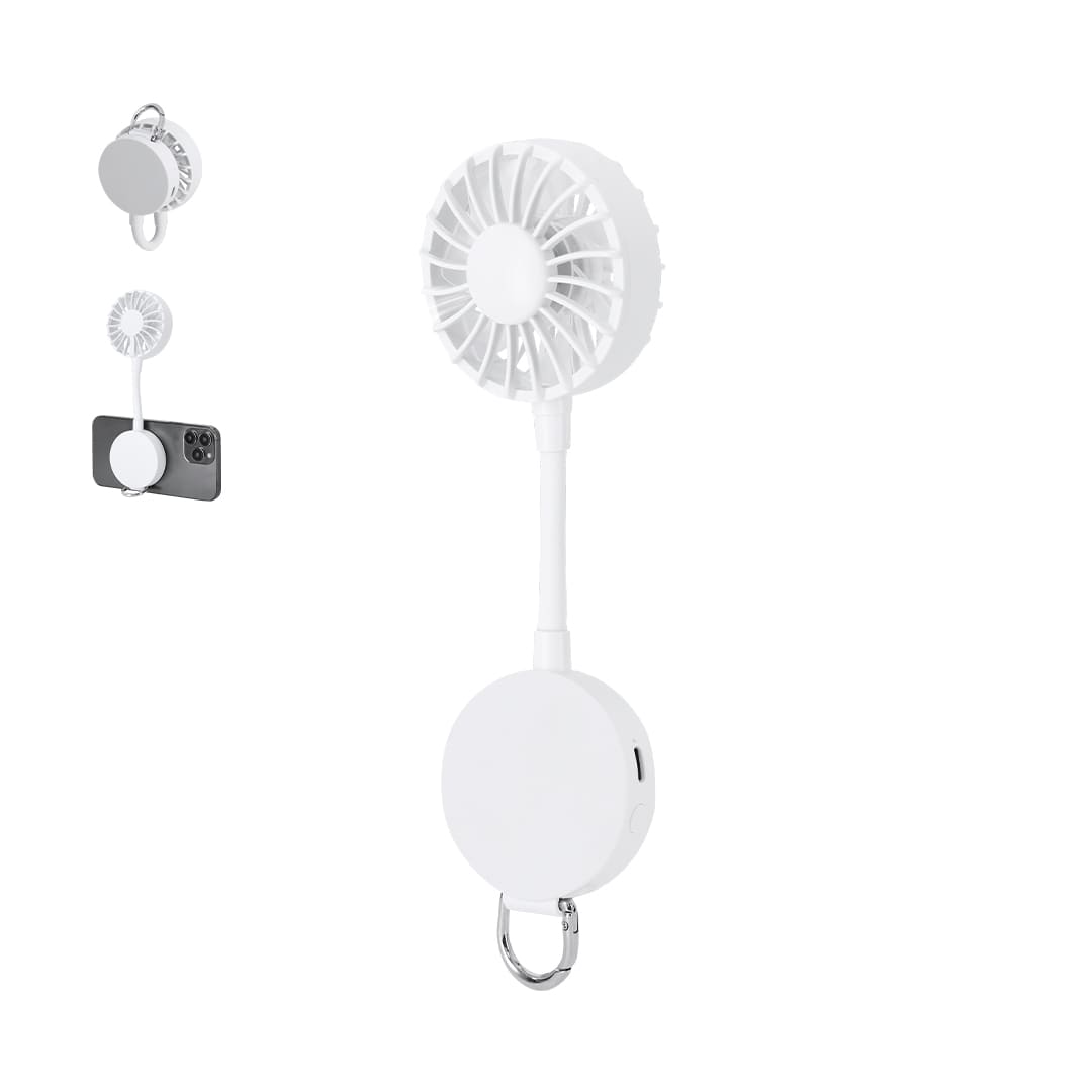 A portable white fan with a retractable design and a clip for securing to devices. Features a circular fan head. Novarin Fan - Image 1