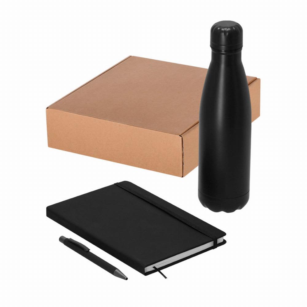 A drink bottle, a black notebook, and a pen placed inside a brown box. The bottle has a sleek design. Rymarek - Image 1