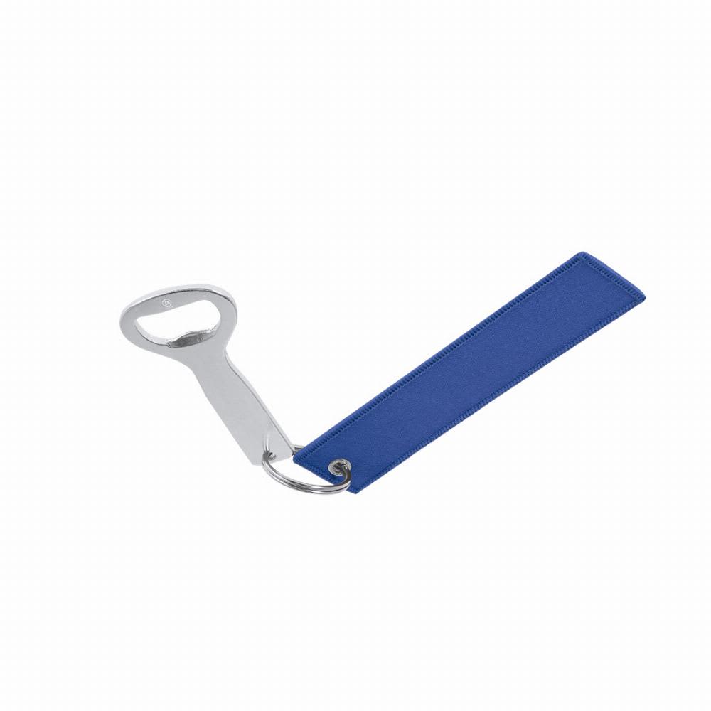 A bottle opener with a silver metal head and a blue fabric handle, featuring a ring for attachment. Kudot - Image 1