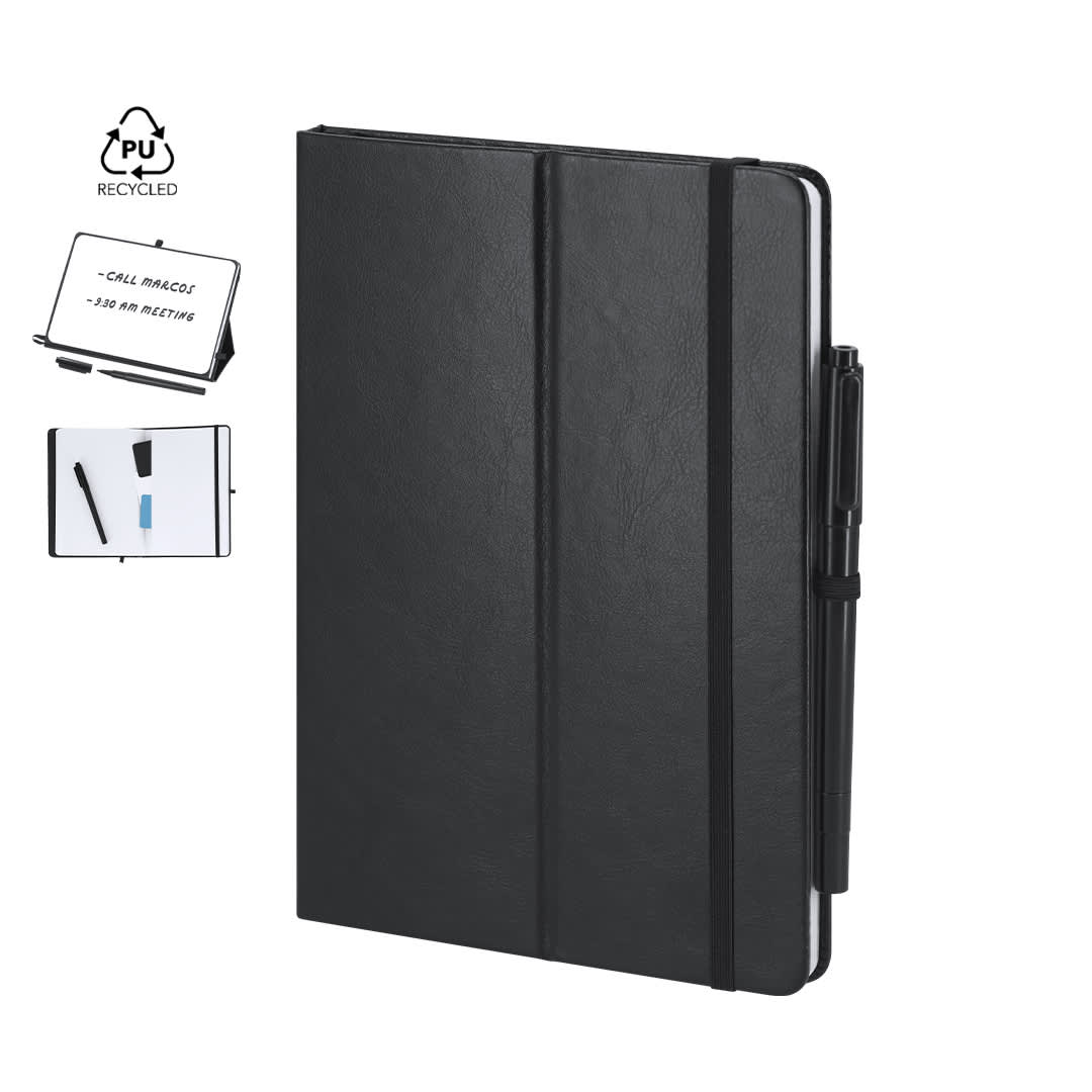 A black notepad with a whiteboard cover, featuring an elastic band and a pen, along with a visible logo. Kudar Notepad Whiteboard - Image 1