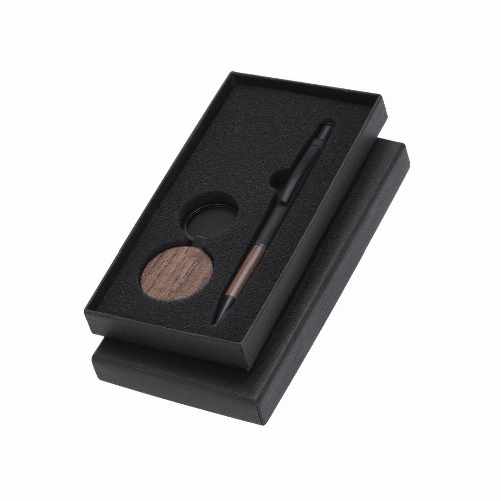 A gift box containing a black pen and a wooden coaster, set in black foam padding. Lonlok - Image 1