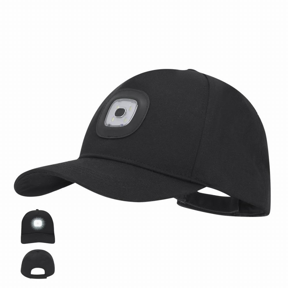 A black cap featuring a built-in LED light on the front and an adjustable strap at the back. It has a logo. Xodar - Image 1