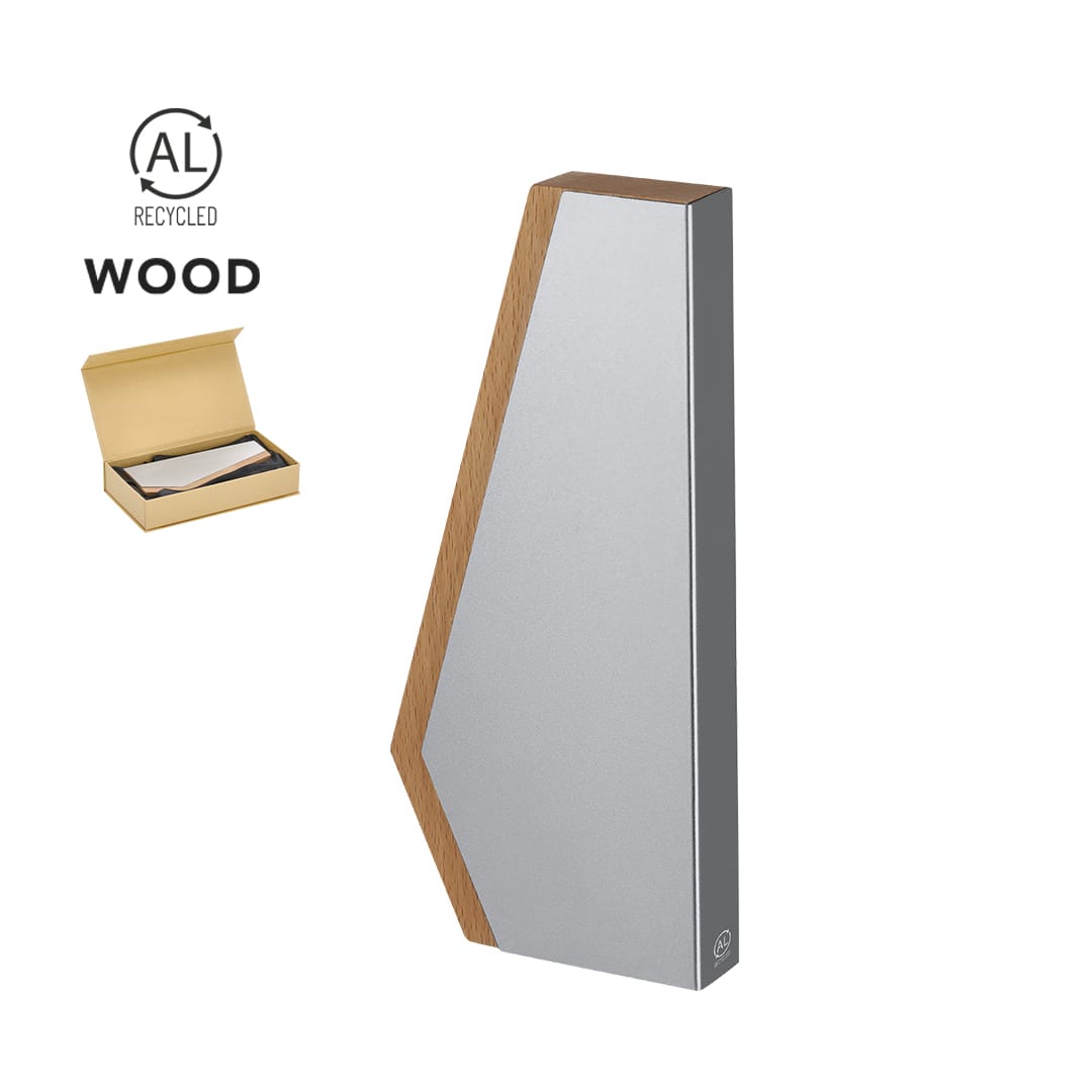 A wooden and silver plaque in a modern design, packaged in a gold box. The plaque has a logo. Sindar Plaque - Image 1