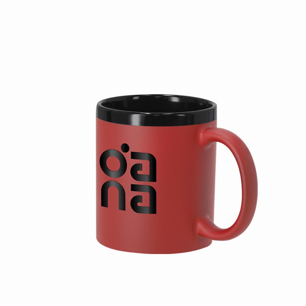 A red mug with a black interior and a logo printed on the side. It has a rounded handle. Sanlar - Image 1