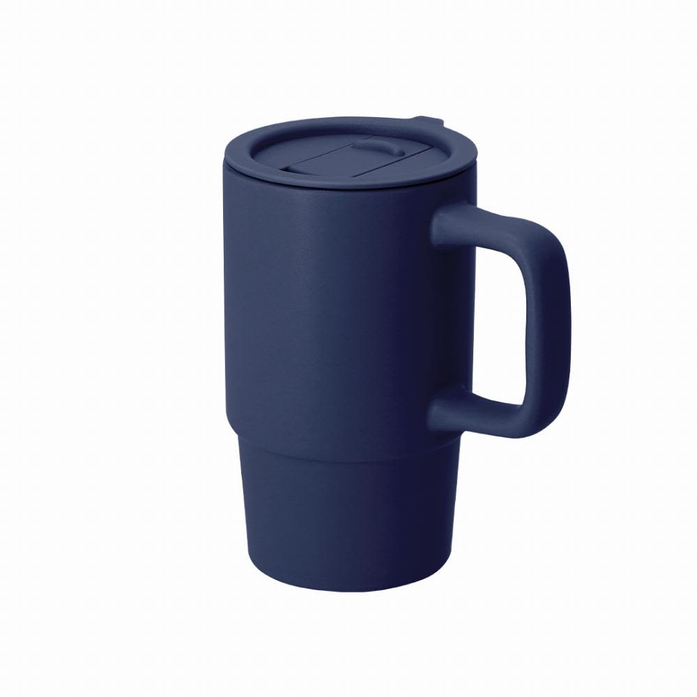 A drink bottle in navy blue with a handle and a secure lid. It has a smooth, matte finish and a branding logo. Ronsyn - Image 1