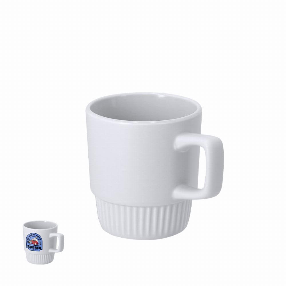 A white ceramic mug with a ribbed base and handle, featuring a logo on a smaller version beside it. Rolyan - Image 1