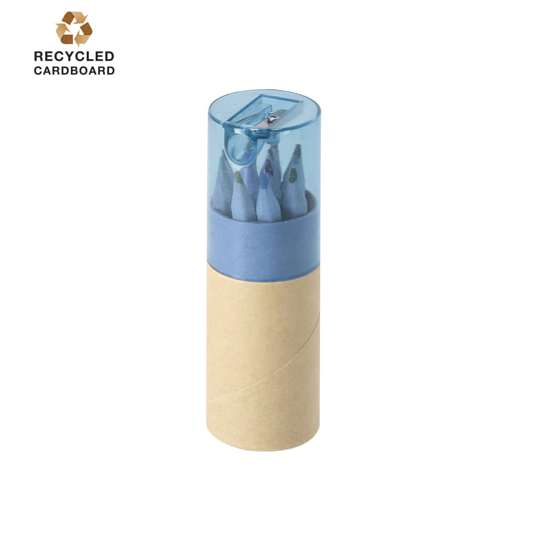 A set of coloured pencils in a clear and blue container made from recycled cardboard, featuring a sharpener on top. Nianlok Set - Image 1