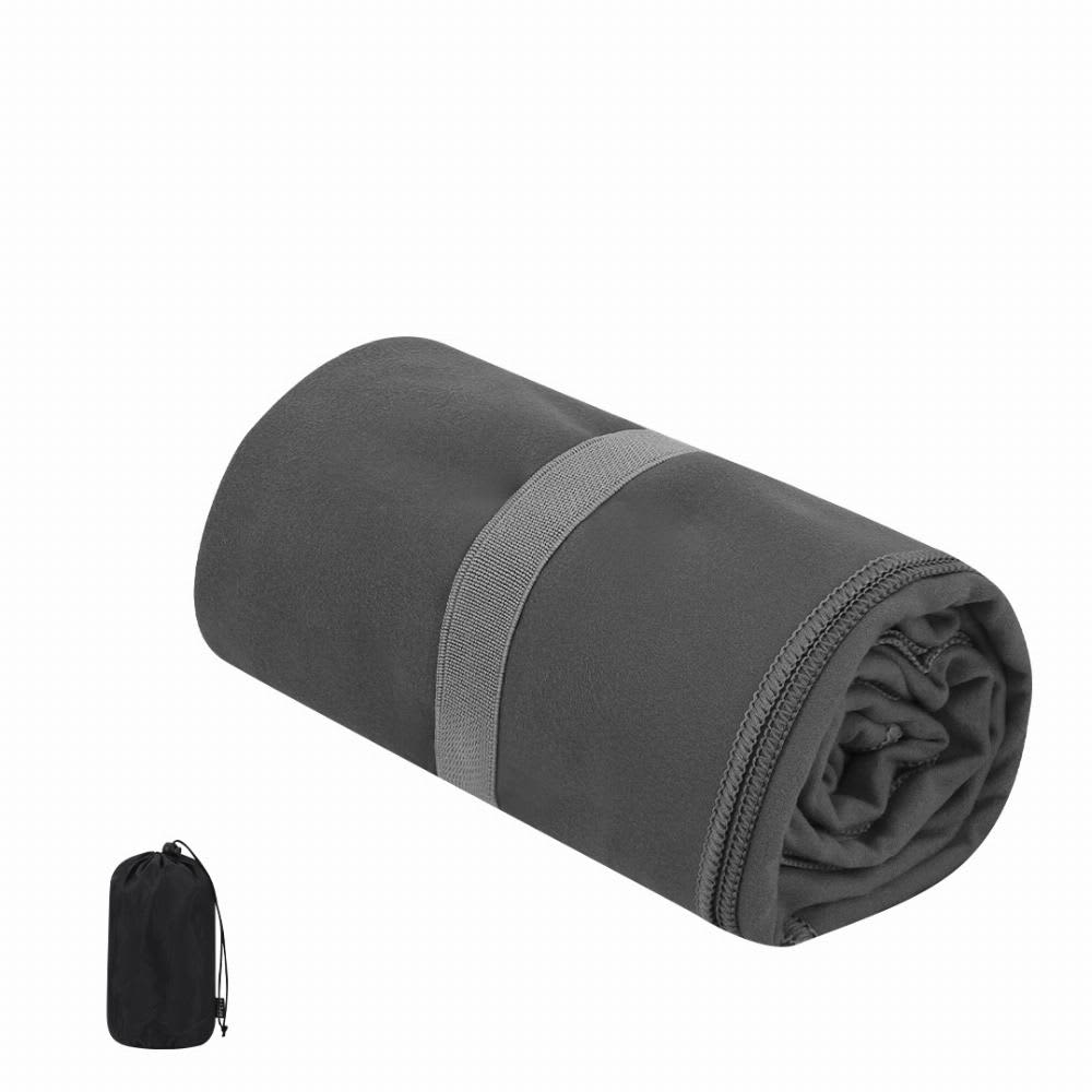 A rolled-up grey blanket secured with a strap, accompanied by a matching storage bag. Jutiul - Image 1