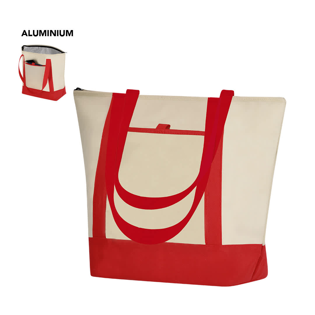 A cooler bag in cream with red accents. Features sturdy handles and an exterior pocket. Includes a logo. Darteli Cool Bag - Image 1