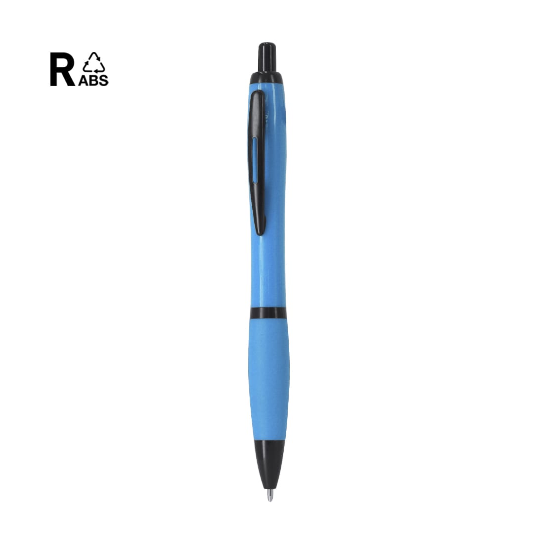 A plastic pen in blue with a black clip and tip, featuring a logo on the upper left. Maldy Pen - Image 1