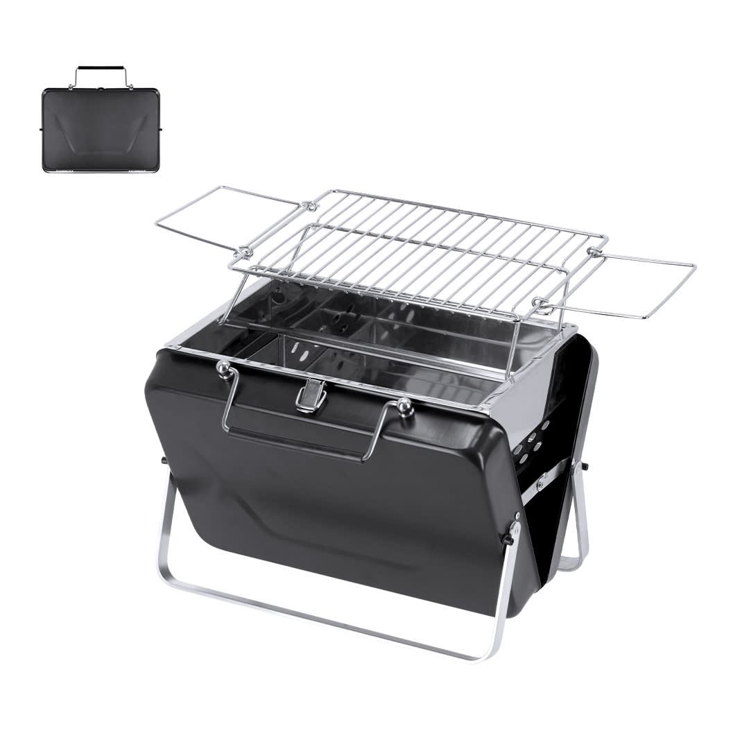 A compact black barbecue grill with a stainless steel cooking rack and folding legs, featuring a sturdy case design. Magnol Barbecue - Image 1