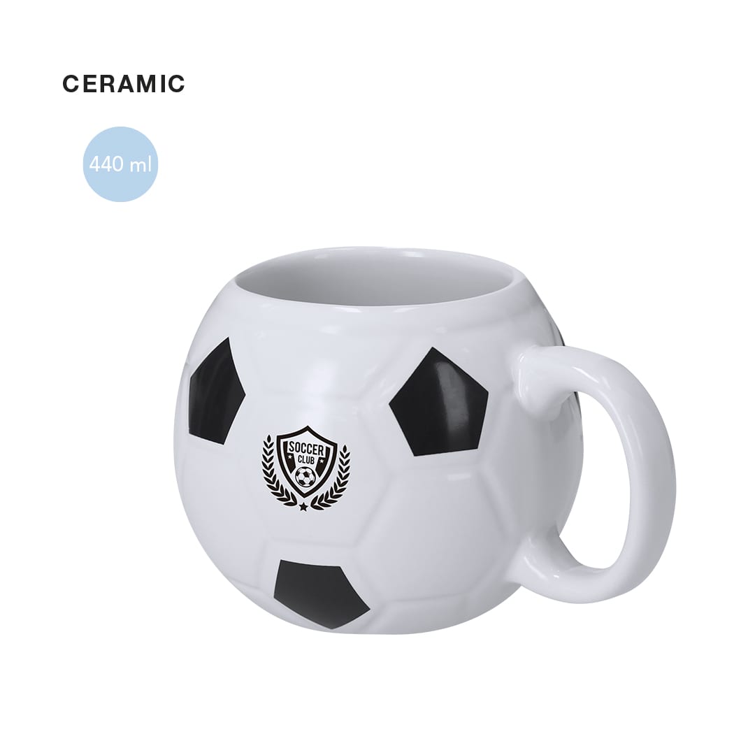 A ceramic coffee mug designed like a soccer ball, featuring black and white patterns with a logo.容量440毫升. Hindy Mug - Image 1
