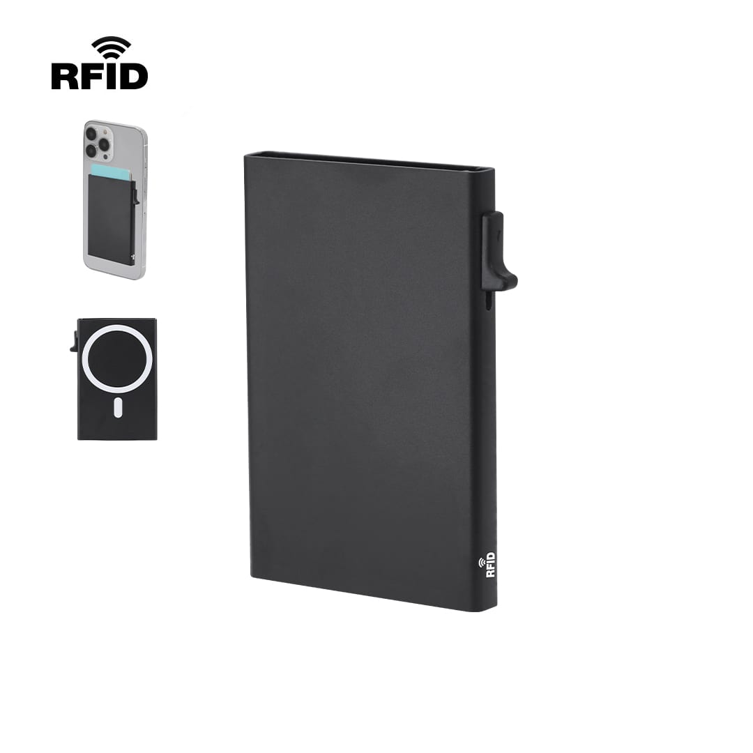 A black RFID card holder with a clip, featuring a slim design and accessories shown alongside. Alfek Card Holder - Image 1