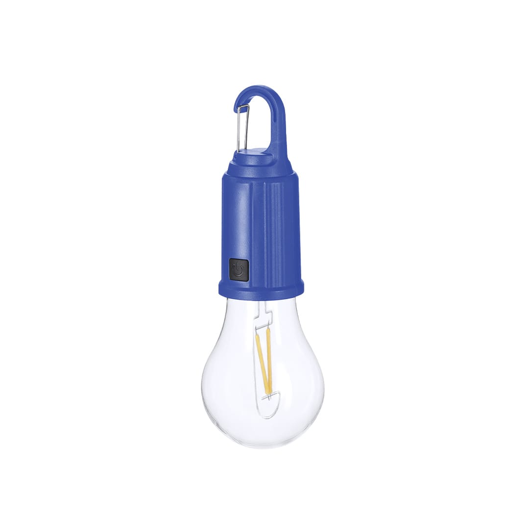 A blue hanging lamp with a transparent bulb and a hook for easy attachment. Features a branding logo. Trapix Lamp - Image 1
