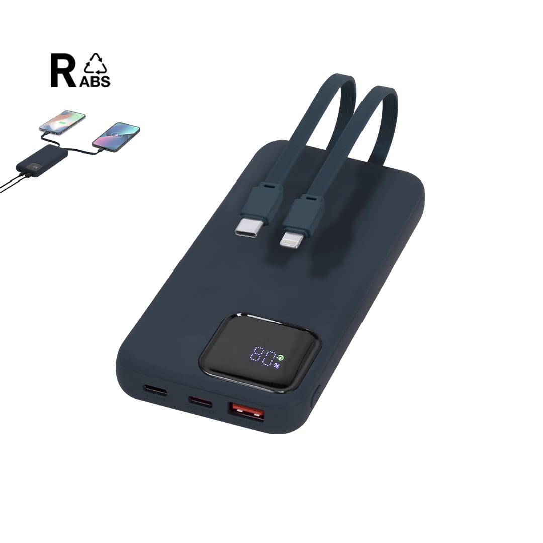 A navy blue power bank featuring dual cables and a digital display for battery status. It includes multiple charging ports. Fatuox Power Bank - Image 1