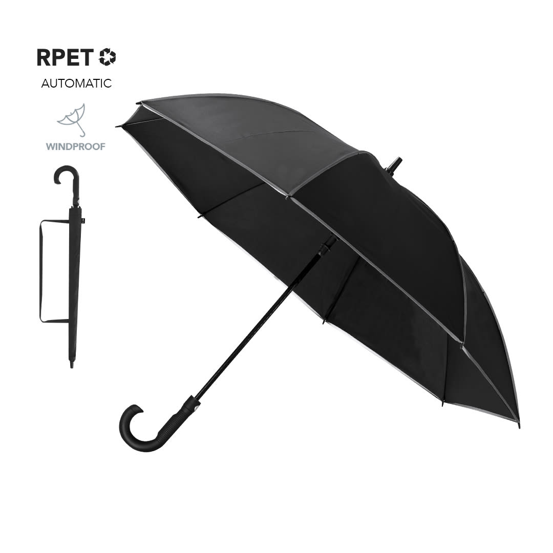 A black automatic umbrella with a windproof design, featuring a sleek handle and a protective sleeve. Savilar Umbrella - Image 1