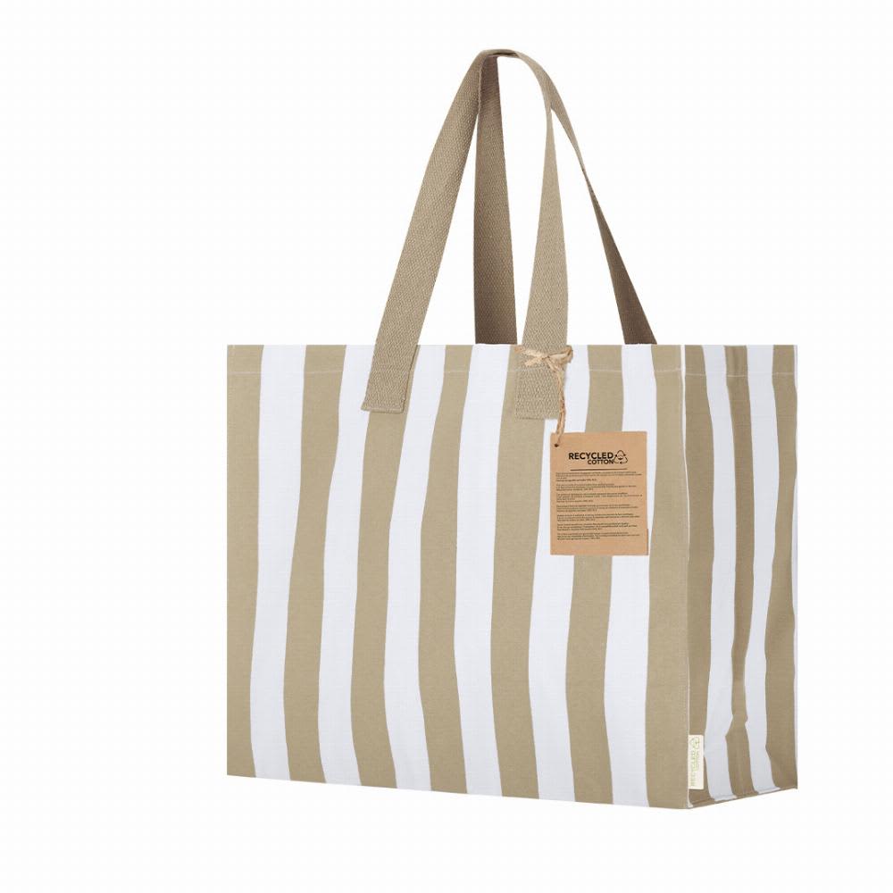 A striped tote bag in beige and white, featuring two sturdy handles and a tag. It has a simple, rectangular design. Marylis - Image 1