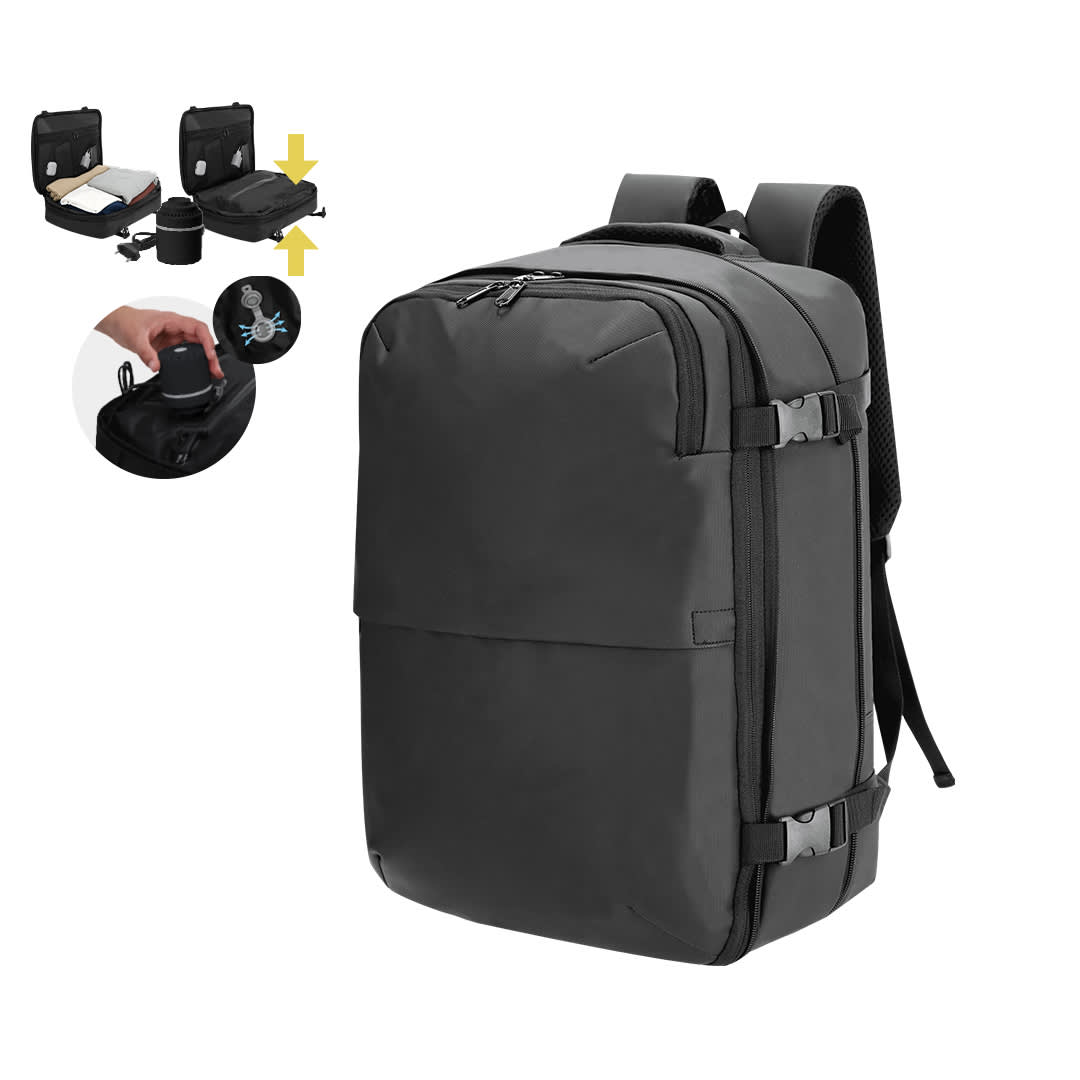 A black backpack with adjustable straps, featuring multiple compartments and a logo. Garnep Vacuum Backpack - Image 1