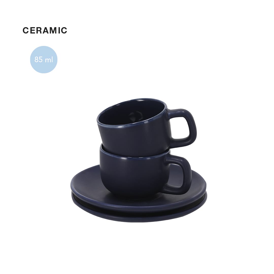 A set of two navy ceramic coffee mugs stacked on a matching saucer. Each mug holds 85 ml. Freyat Mugs Set - Image 1