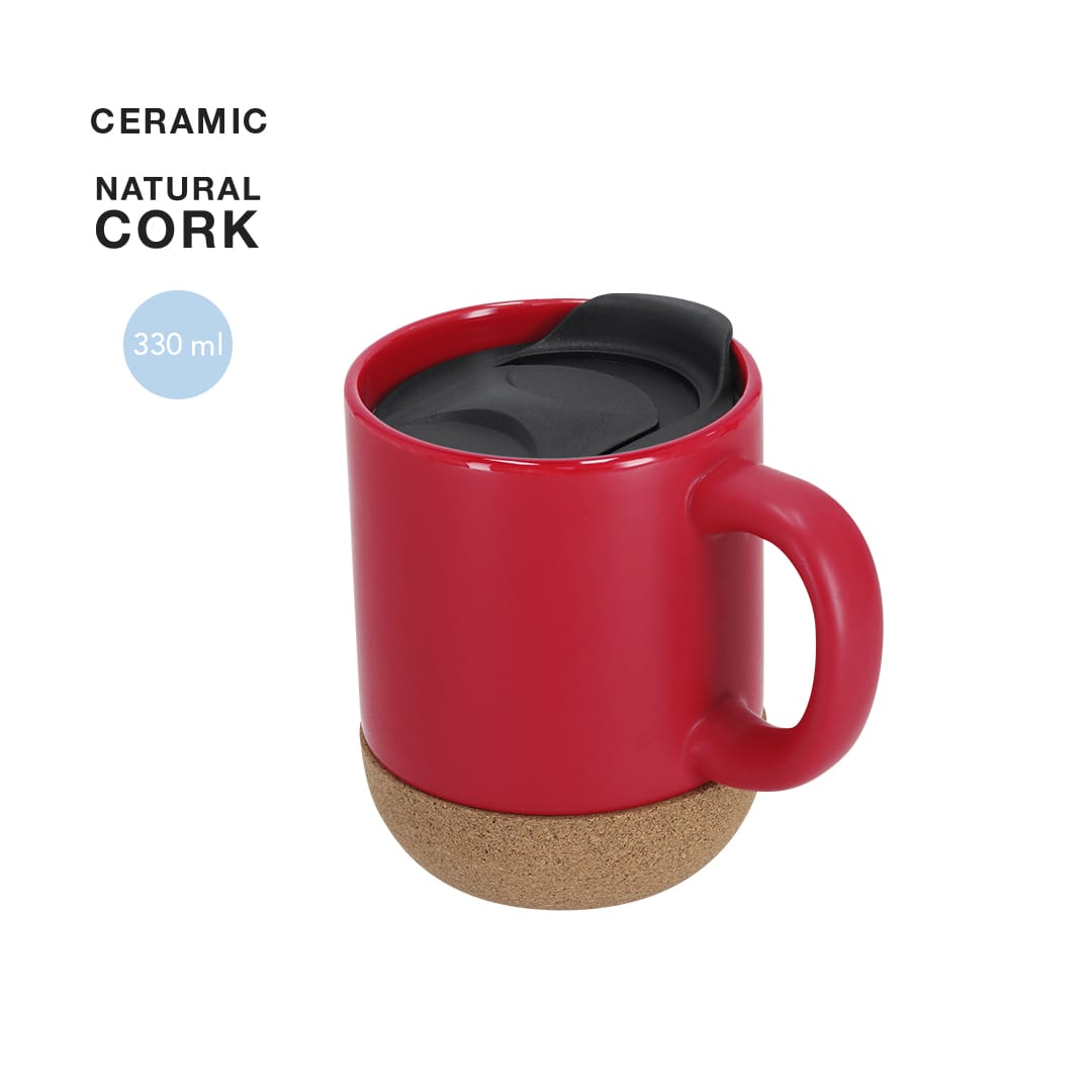 A travel mug in vibrant red with a black lid and cork base, made from ceramic, holding 330 ml. Shivak Mug - Image 1