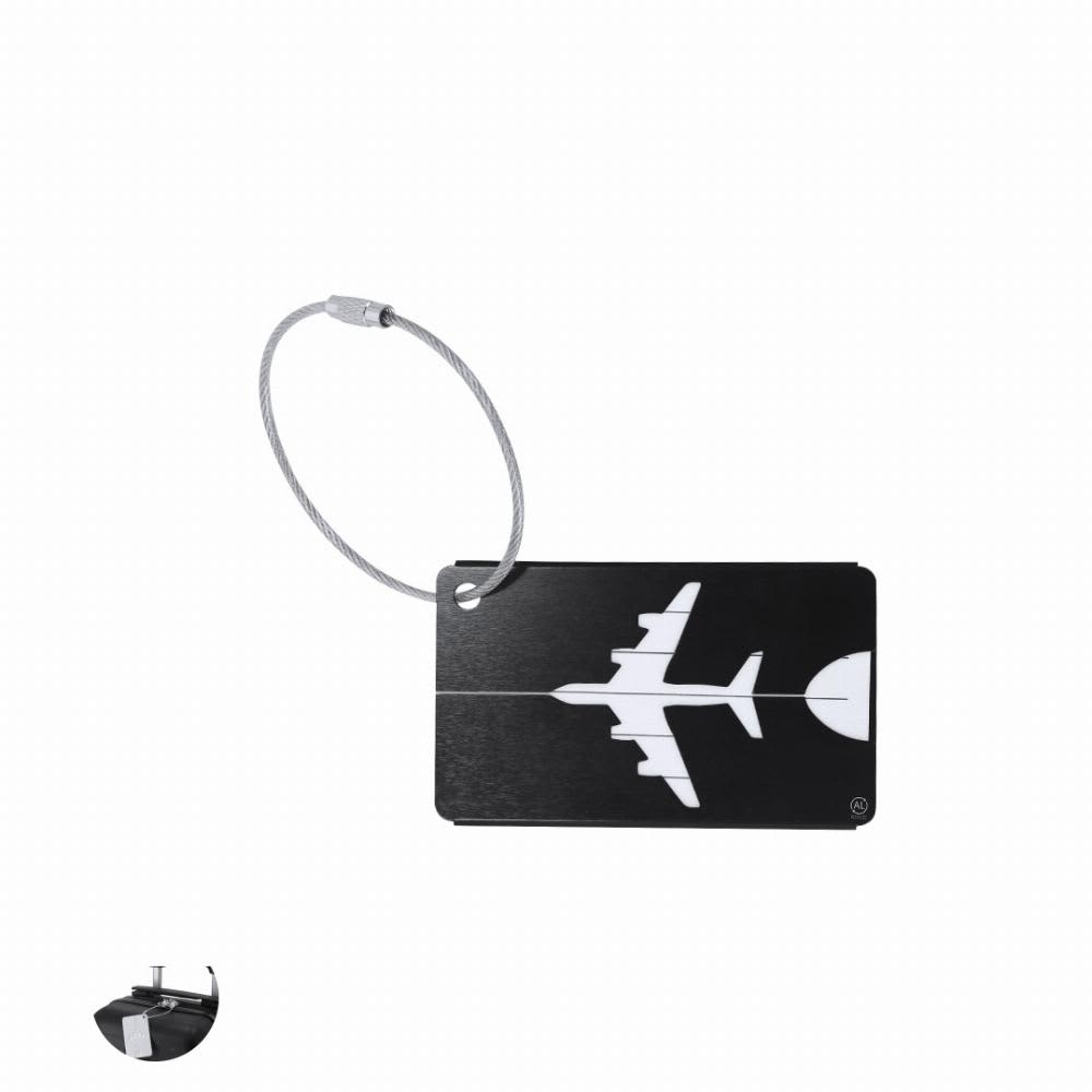 A luggage tag featuring a black and white airplane design, attached with a metal wire loop. Hekla - Image 1