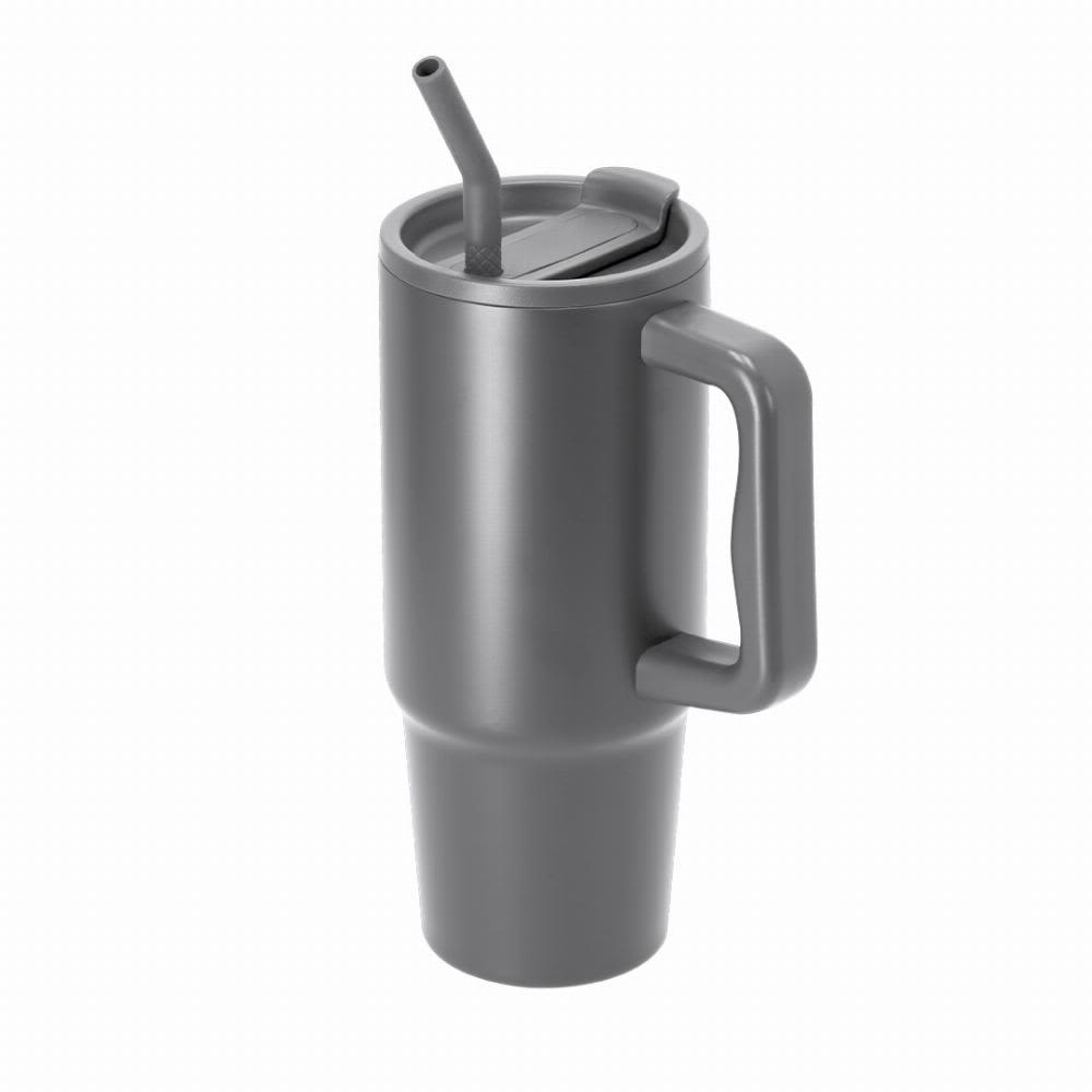 A drink bottle in grey, featuring a handle, straw, and a secure lid design. Yukon - Image 1