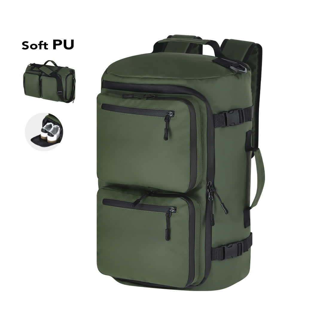 A green Mekong Backpack Bag featuring multiple zippered pockets and a branding logo. Made from soft PU material. Mekong Backpack Bag - Image 1