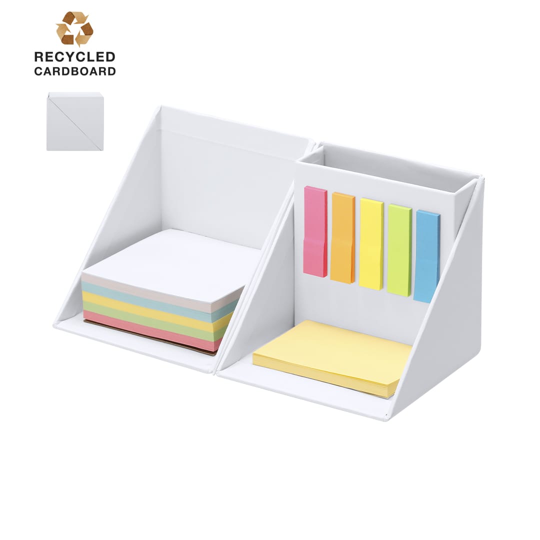 A white notepad pencil holder featuring multicoloured sticky notes, made from recycled cardboard, with a branding logo. Trigris Notepad Pencil Holder - Image 1