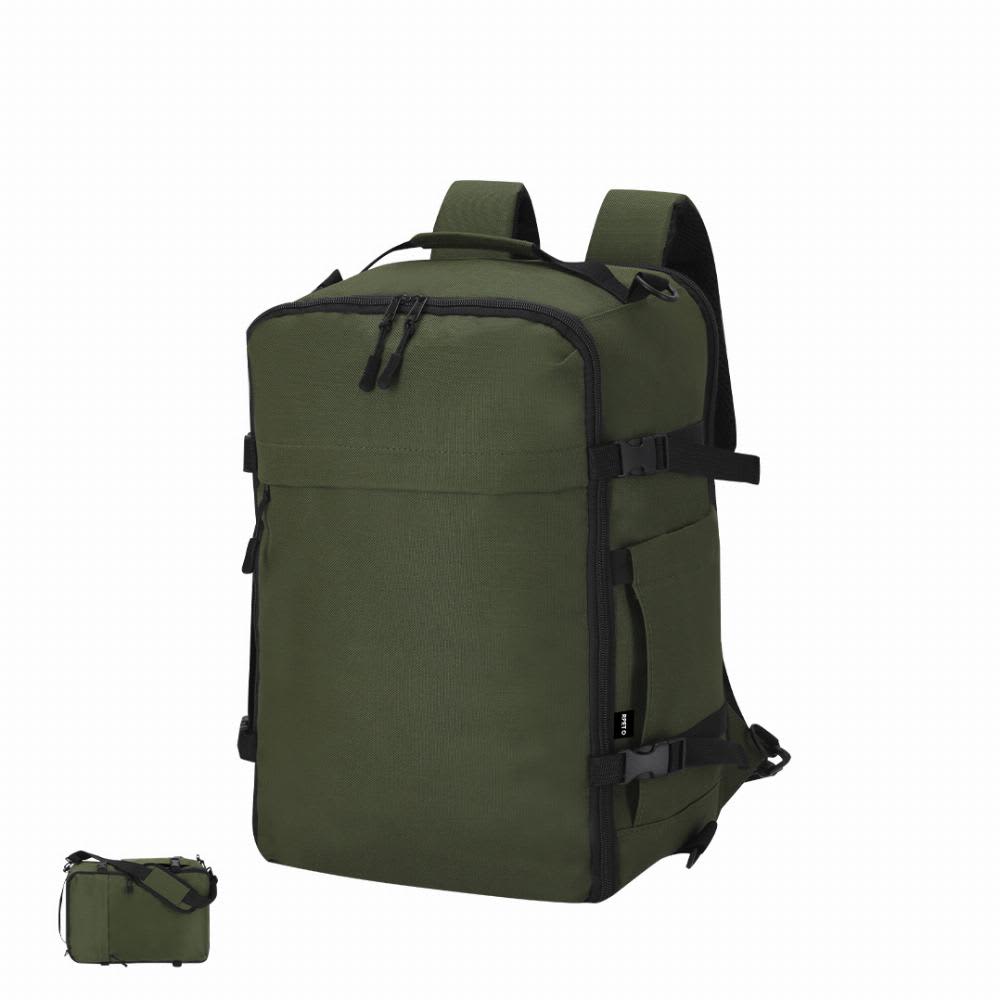 A green backpack with adjustable straps and multiple zippers, featuring a compact folded version beside it. Zagros - Image 1