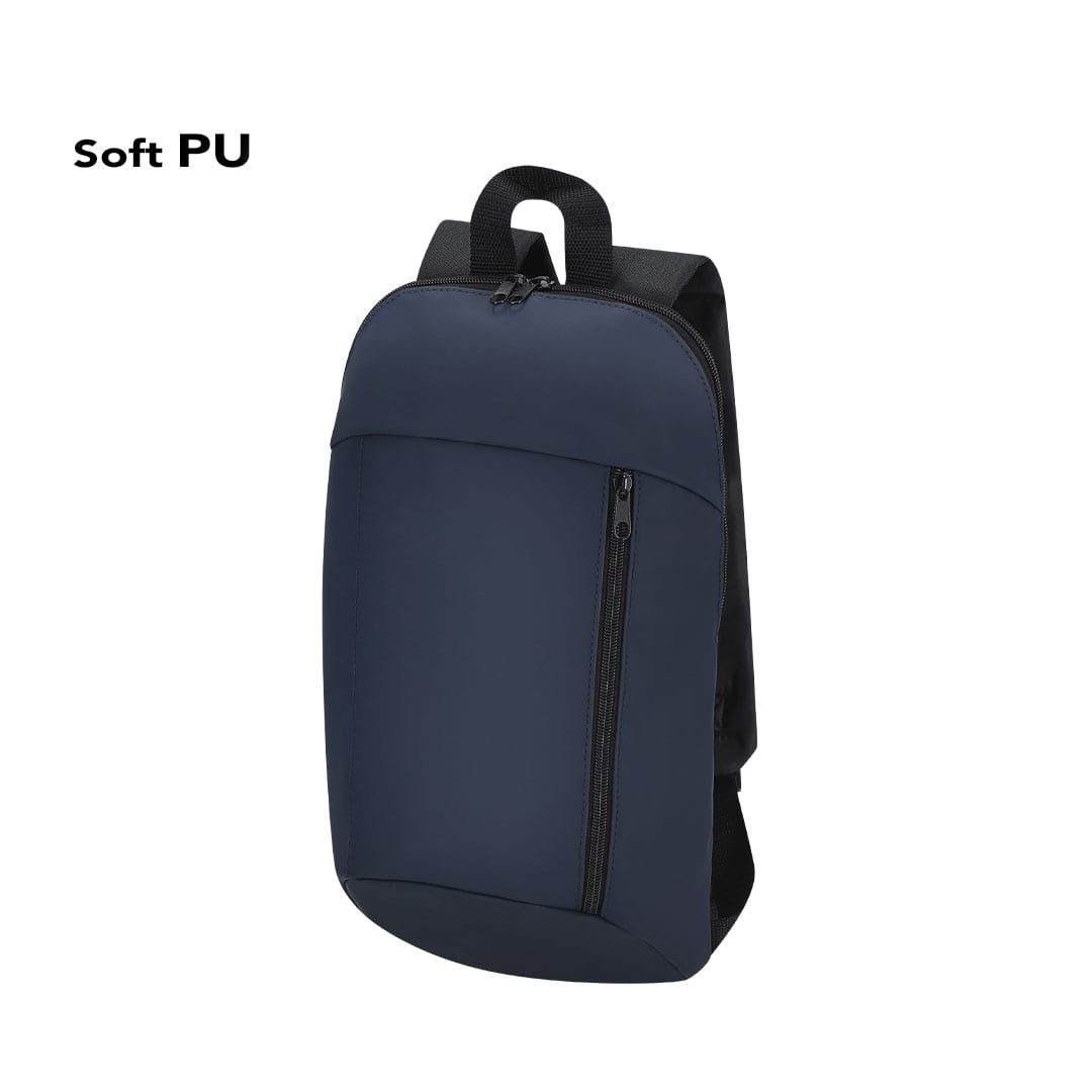 A navy blue backpack with a sleek design, featuring a front zip pocket and a logo on the back. Sammie Backpack - Image 1