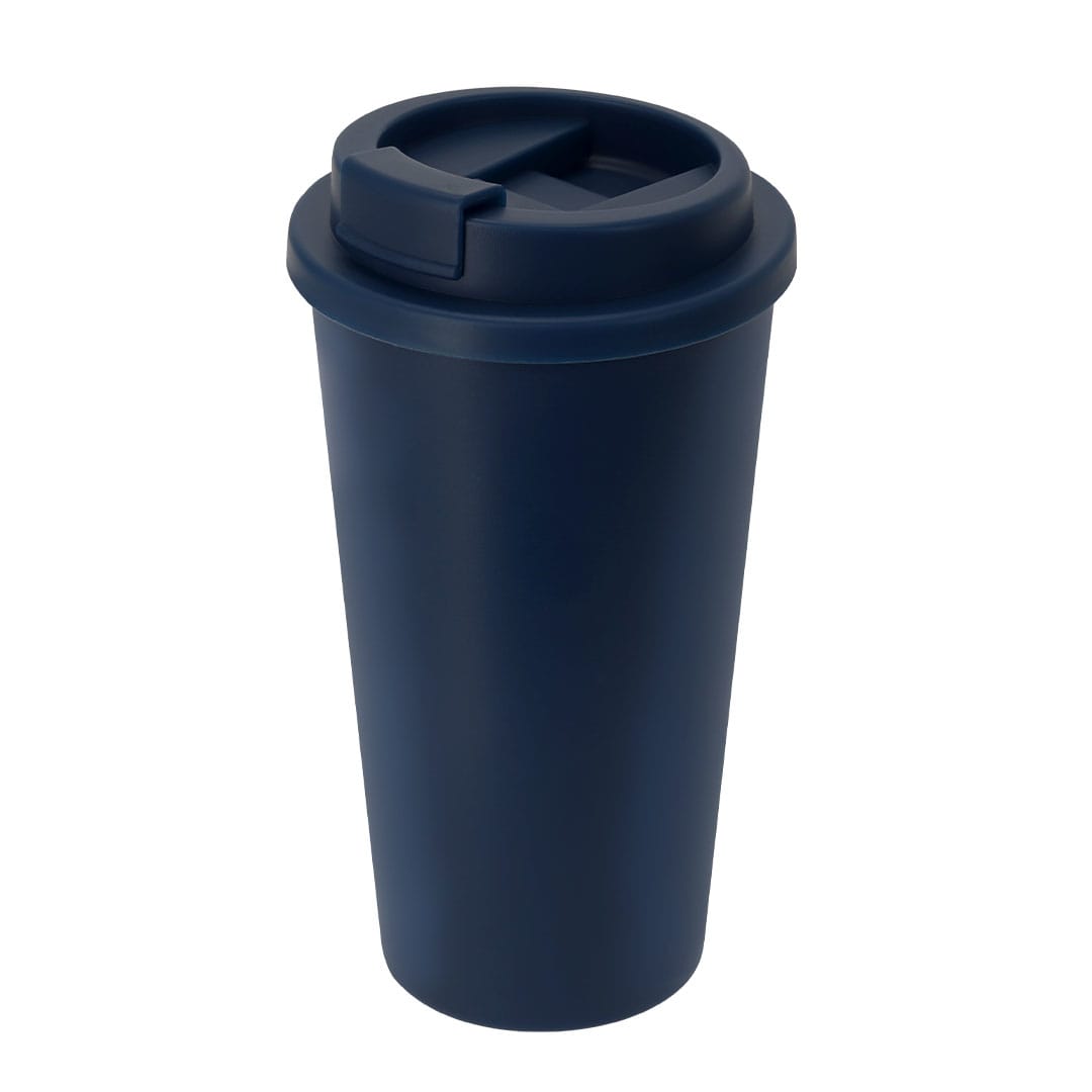 A drink bottle in navy blue with a lid and a logo, designed for insulated travel use. Lexander Insulated Cup - Image 1