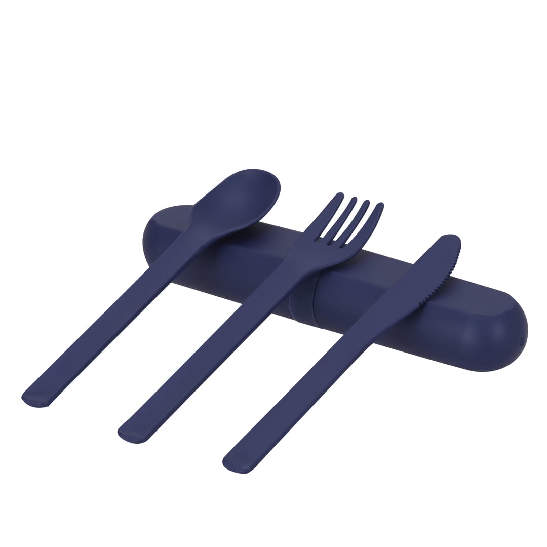 A navy blue cutlery set with a spoon, fork, and knife, housed in a matching case. Toriah Cutlery Set - Image 1
