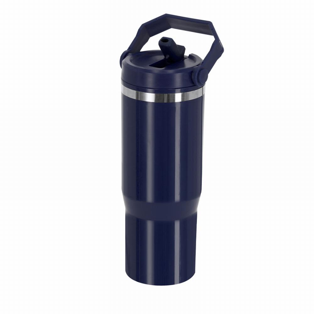 A drink bottle in navy blue with a metal band and a handle for easy carrying. Bastien - Image 1