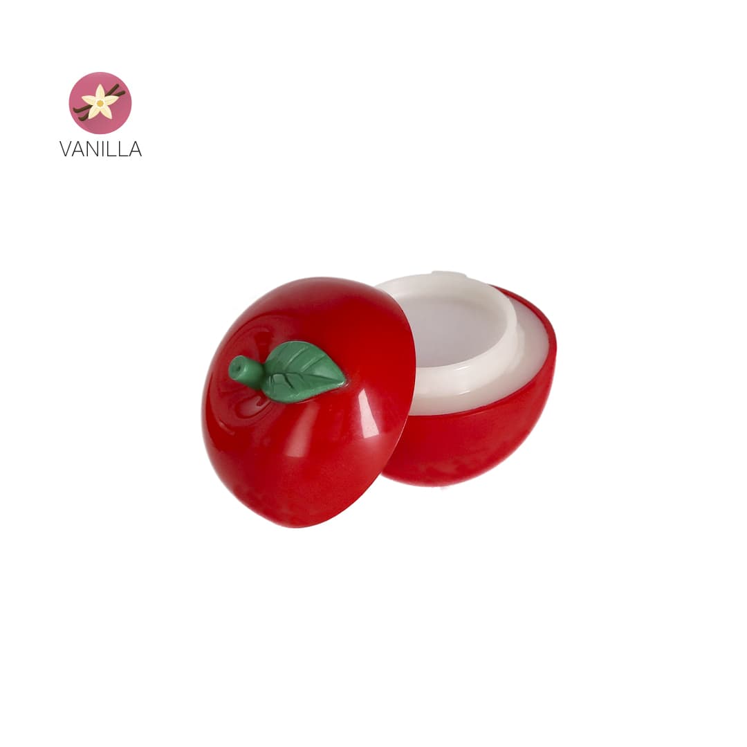 A red apple-shaped lip balm container with a green leaf detail, featuring a white balm inside. Includes a logo. Domicor Lip Balm - Image 1