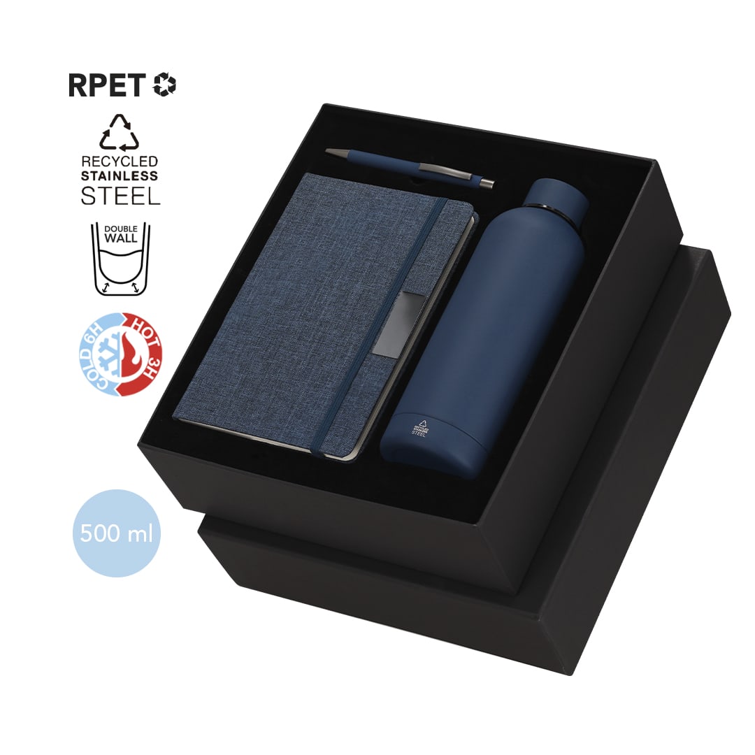 A navy drink bottle, a notebook with a fabric cover, and a pen arranged in a black gift box. Keplix Set - Image 1