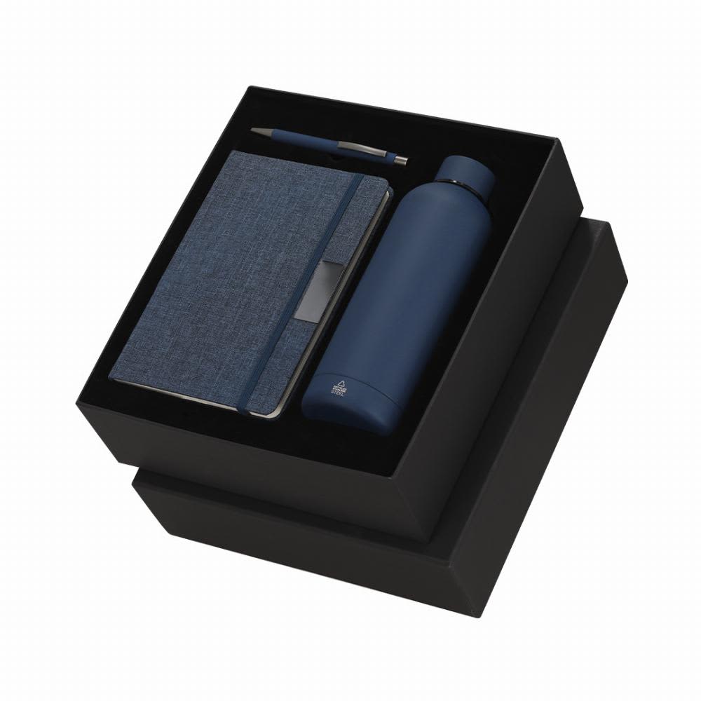 A drink bottle, a notebook, and a pen arranged in a black box, featuring a blue colour scheme. Keplix - Image 1