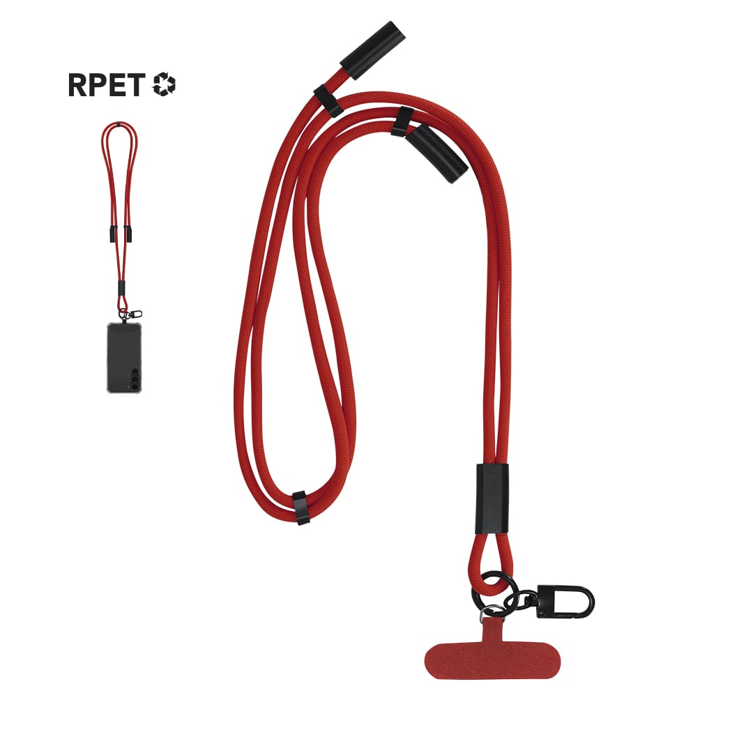 A red charging cable with a lanyard-style holder and a clip, featuring a branding logo. Elnora Holder Charging Cable - Image 1