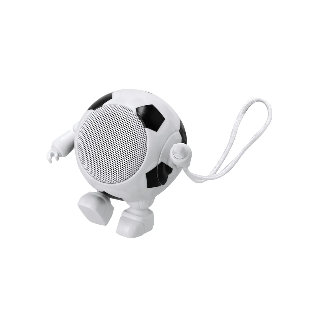 A round, black and white soccer ball-shaped speaker with arms and legs, featuring a carrying strap. Noreah Speaker - Image 1