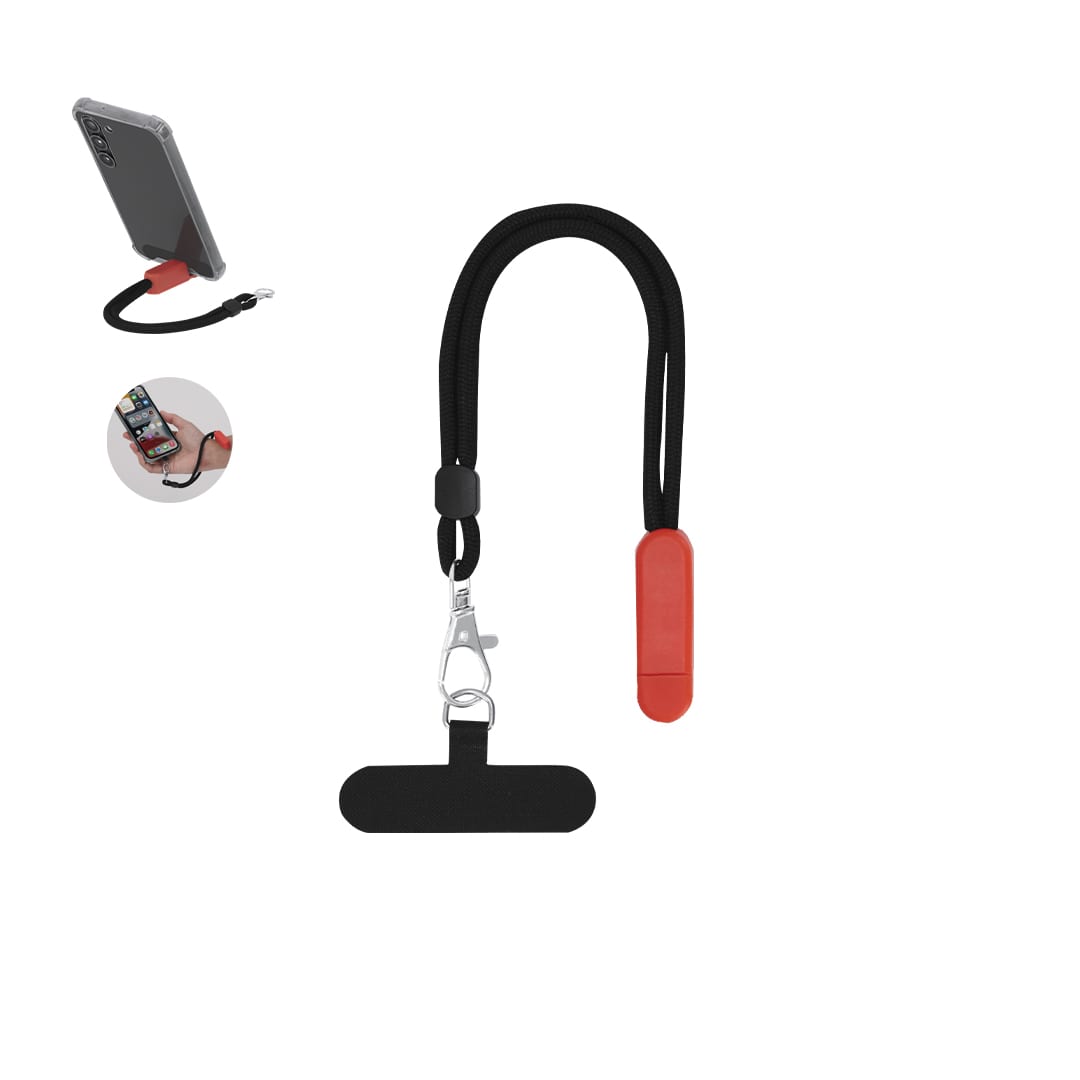 A black and red phone holder bracelet with a clip, designed for securing devices. Includes an attachment for easy use. Nelopy Holder Bracelet - Image 1