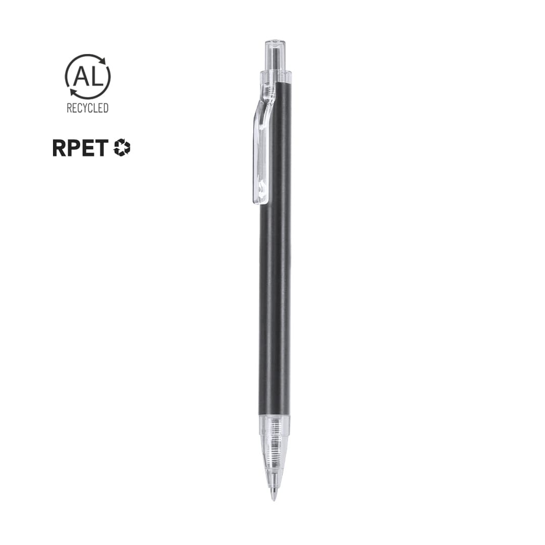 A metal pen in black with a transparent clip and grip, featuring a logo. Made with recycled materials. Stasian Pen - Image 1